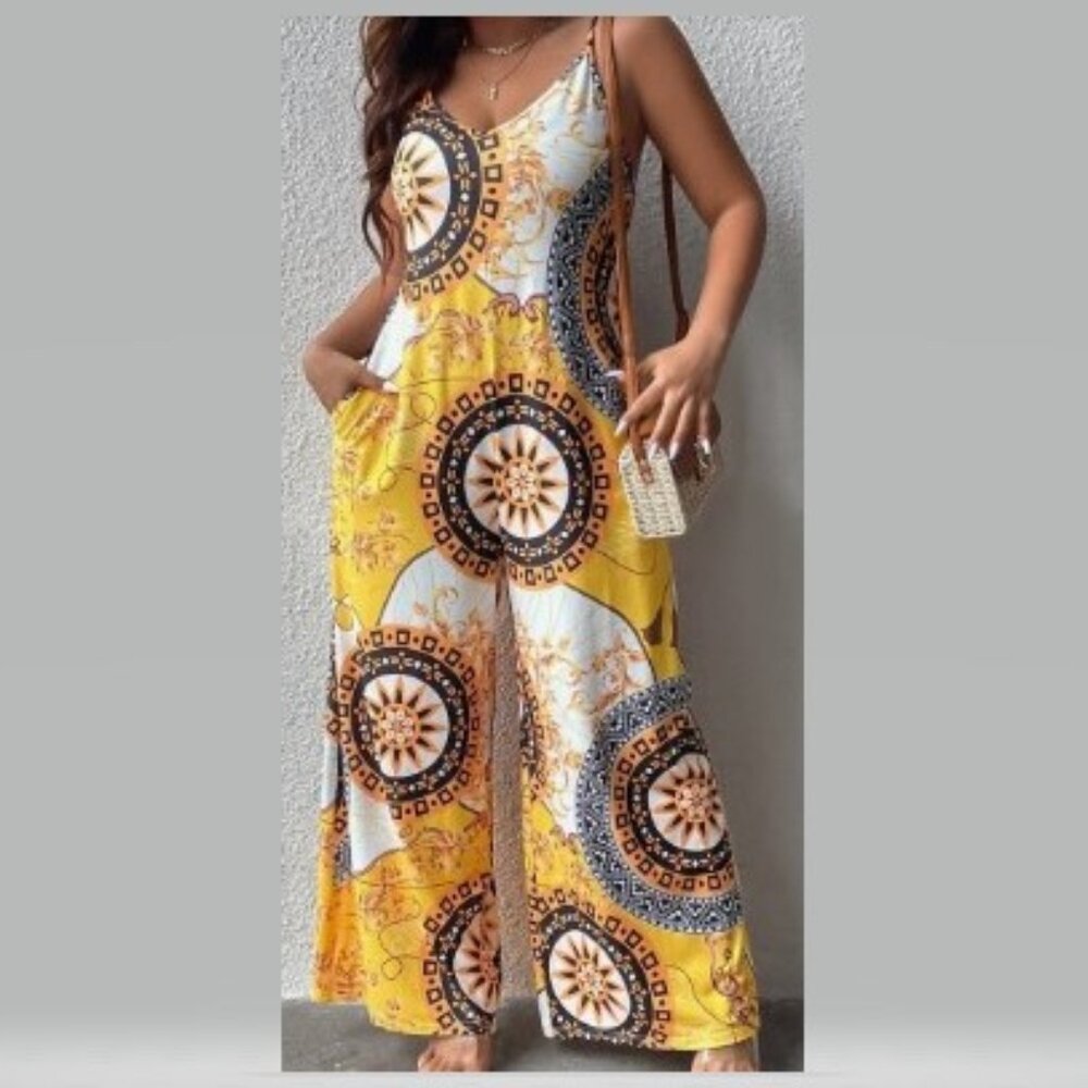Boho Mandala Print V-Neck Jumpsuit